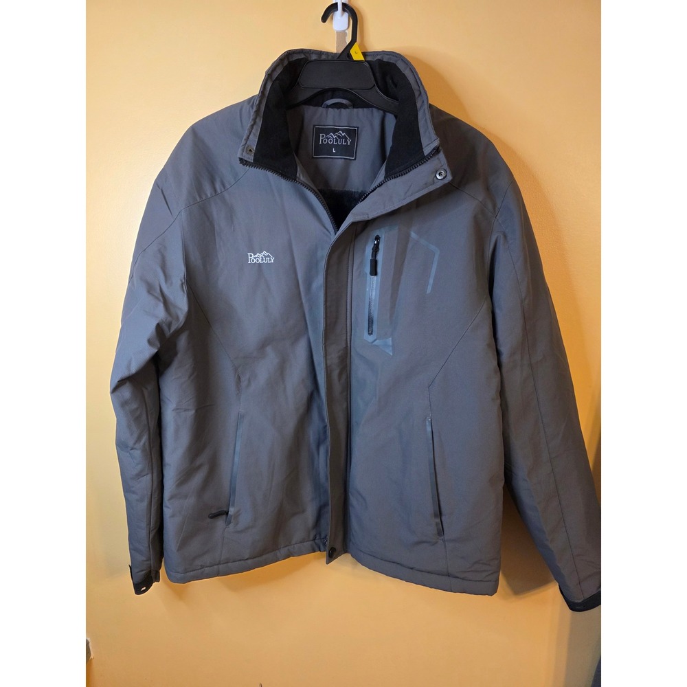 Pooluly Mens Waterproof Ski Jacket Gray Fleece Lined Winter Coat 701-MAN Large